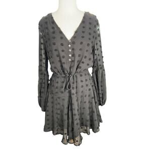 Entro Black Swiss Dot Long Sheer Sleeve Babydoll Dress Medium Drawstring Waist